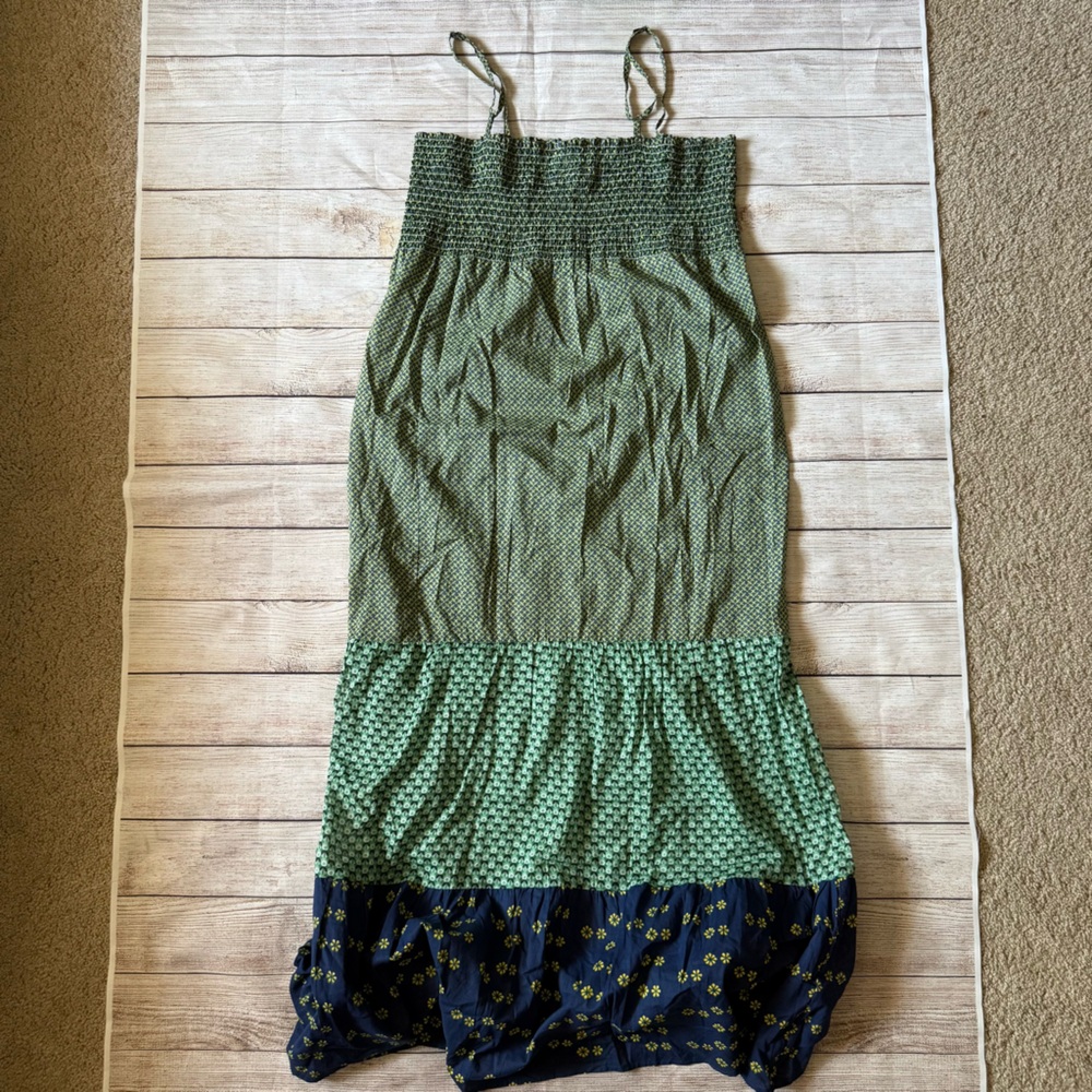 Lakhays Collection Green and Blue Smocked Tiered Maxi Dress
